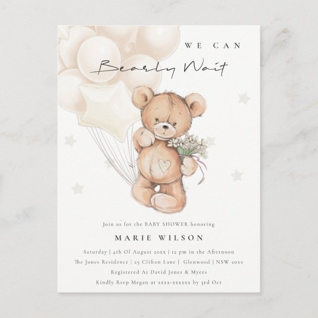 Cute Ivory Bear Bearly Wait Balloon Baby Shower Postcard (Front)