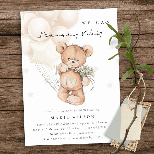 Cute Ivory Bearly Wait Balloon Baby Shower Invite (Creator Uploaded)