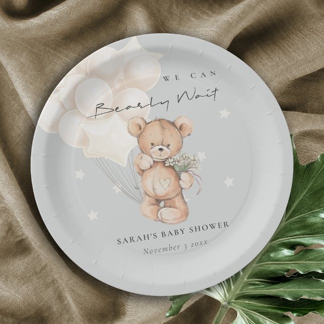 Cute Ivory Bearly Wait Bear Balloon Baby Shower Paper Plate (Creator Uploaded)