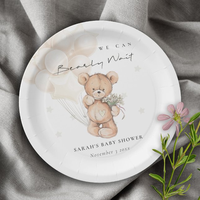 Cute Ivory Bearly Wait Bear Balloon Baby Shower Paper Plate (Creator Uploaded)