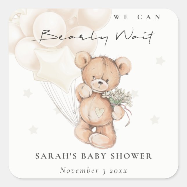 Cute Ivory Bearly Wait Bear Balloon Baby Shower Square Sticker (Front)