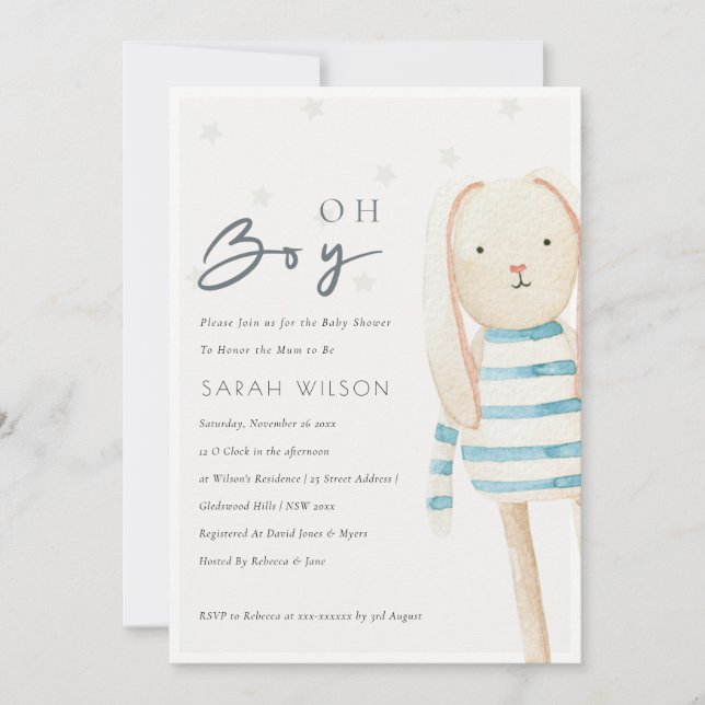 Cute Ivory Blue Bunny Oh Boy Baby Shower Invite (Front)