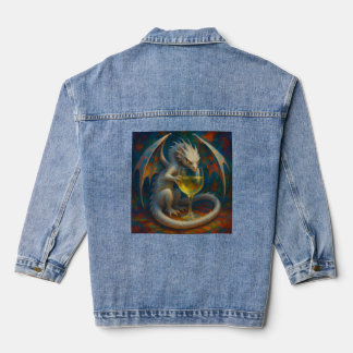 Cute Ivory Dragon & White Wine Fantasy Art Denim Jacket