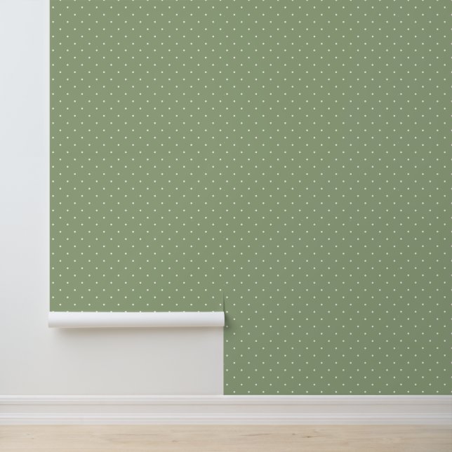 Cute Ivory White Polka Dots on Sage Green Wallpaper (Application)