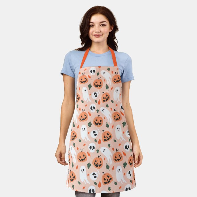 Cute Jack-O-Lantern & Ghost Pattern Apron (Worn)