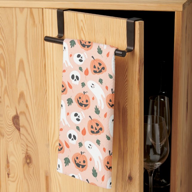 Cute Jack-O-Lantern & Ghost Pattern Tea Towel (Thirds Fold)