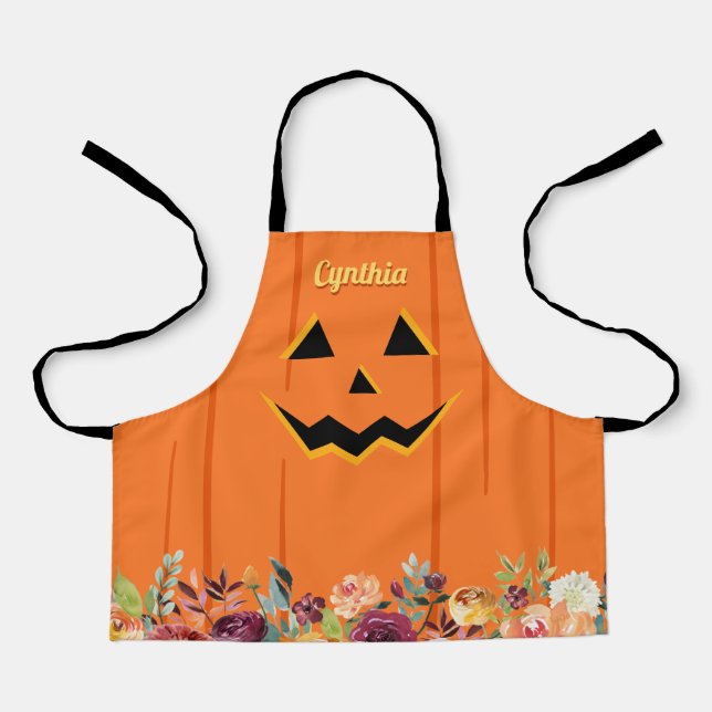Cute Jack O' Lantern Halloween Pumpkin Floral Kids Apron (Front)