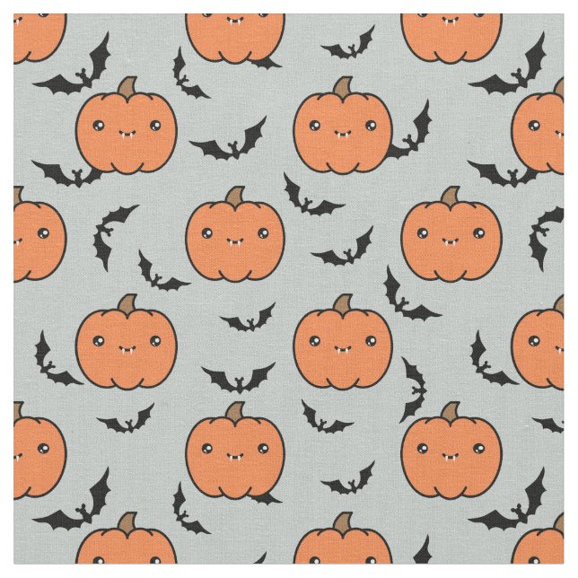 Cute Jack-O-Lantern Pumpkins & Bats Pattern Fabric (Close Up)