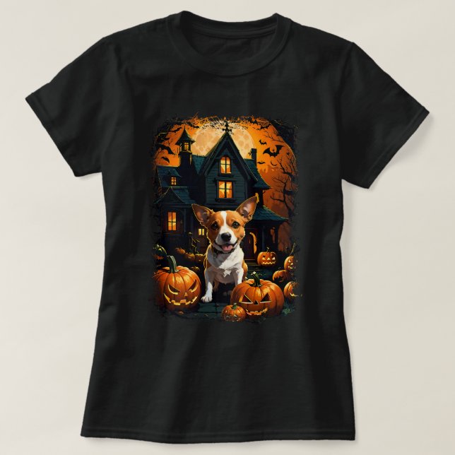 Cute Jack Russell A Spooky Haunted House Full Moon T-Shirt (Design Front)