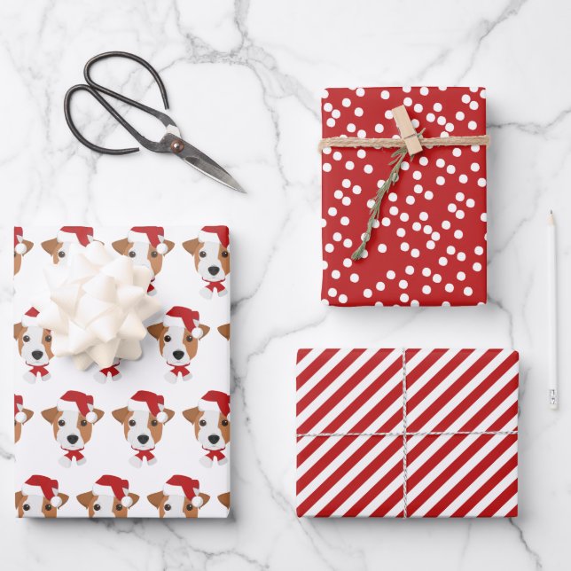 Cute Jack Russell & Red Patterns - Christmas Wrapping Paper Sheet (Front)
