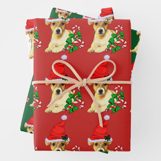 Cute Jack Russell Terrier Christmas Wrapping Paper Sheet (In situ)