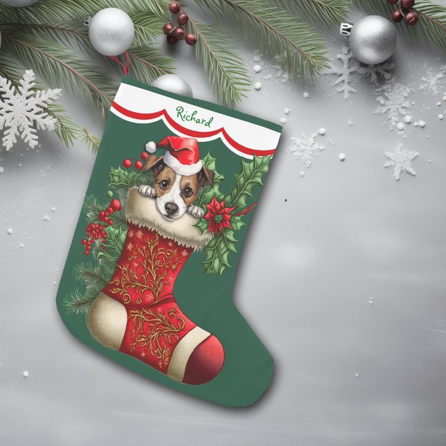 Cute Jack Russell Terrier Puppy Peeking Large Christmas Stocking (Creator Uploaded)