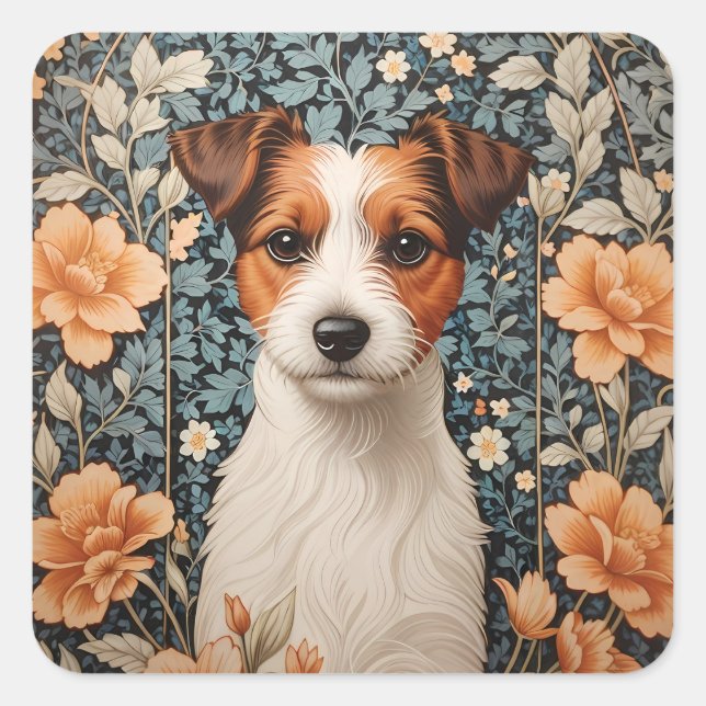 Cute Jack Russell Terrier William Morris Inspired Square Sticker (Front)