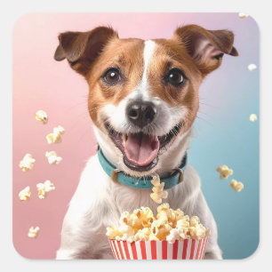 Cute Jack Russell Terrier With Popcorn Square Sticker