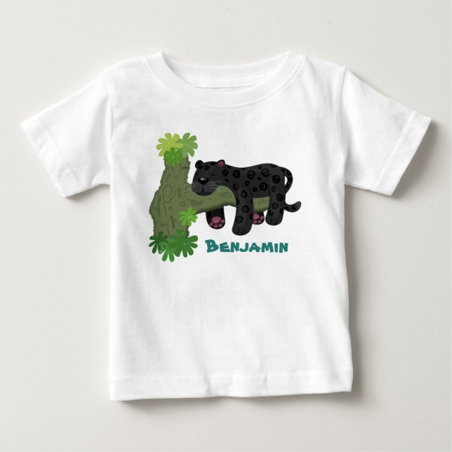 Cute jaguar black panther cat cartoon illustration baby T-Shirt (Front)