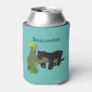 Cute jaguar black panther cat cartoon illustration can cooler