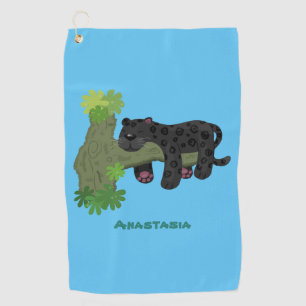 Cute jaguar black panther cat cartoon illustration golf towel