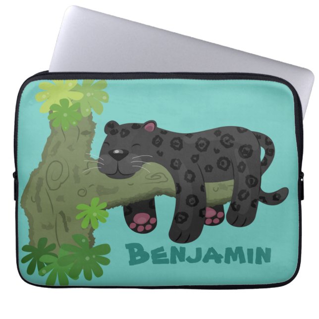 Cute jaguar black panther cat cartoon illustration laptop sleeve (Front)