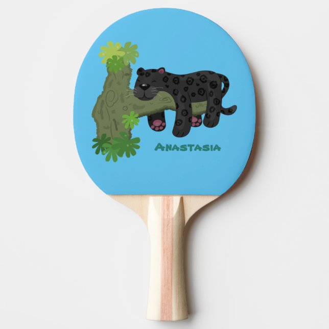 Cute jaguar black panther cat cartoon illustration ping pong paddle (Front)