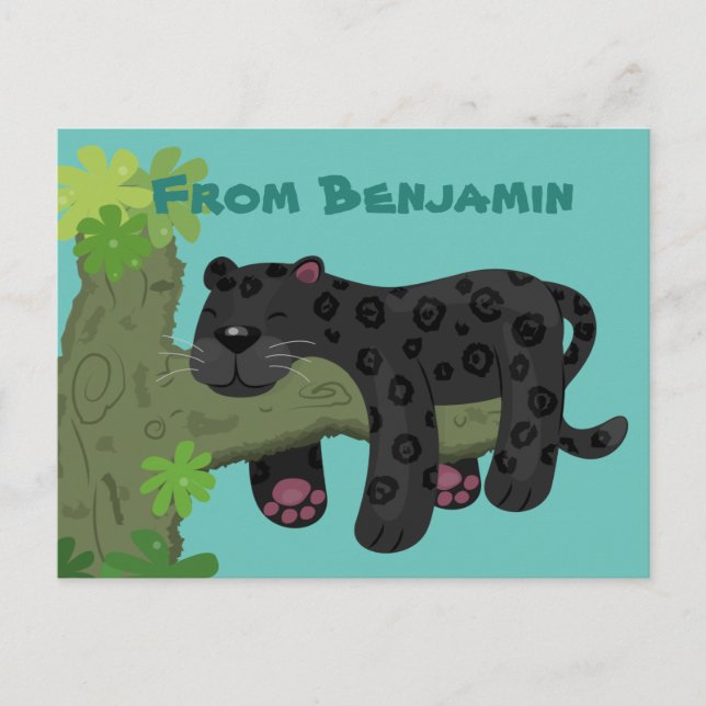 Cute jaguar black panther cat cartoon illustration postcard (Front)