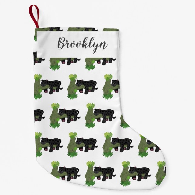 Cute jaguar black panther cat cartoon illustration small christmas stocking (Front)