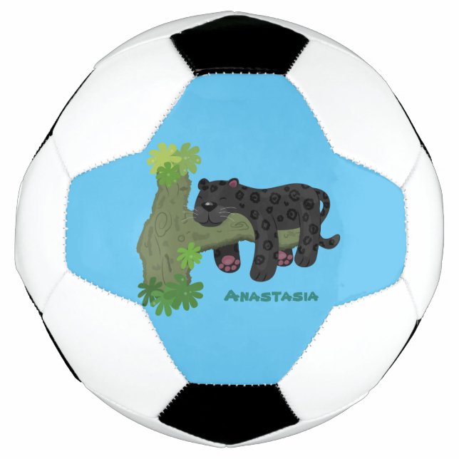 Cute jaguar black panther cat cartoon illustration soccer ball (Front)