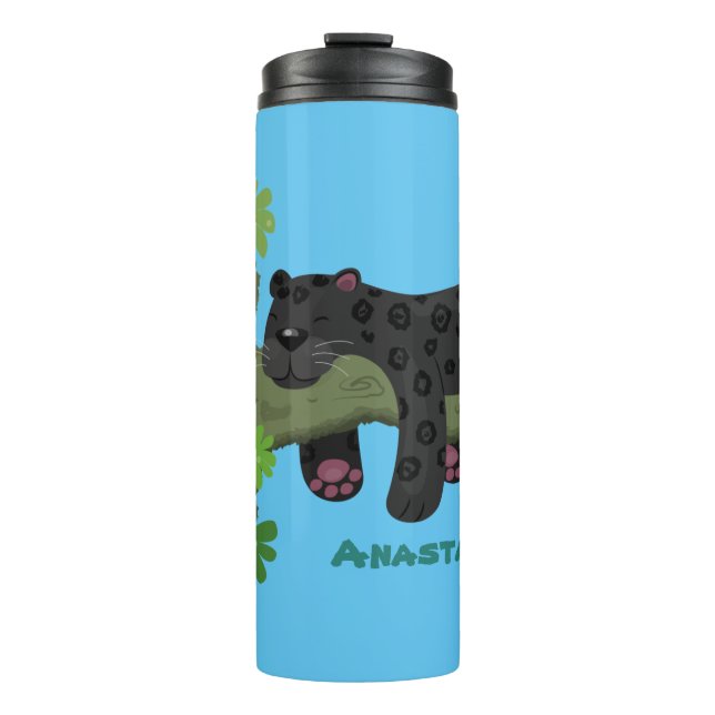 Cute jaguar black panther cat cartoon illustration thermal tumbler (Front)