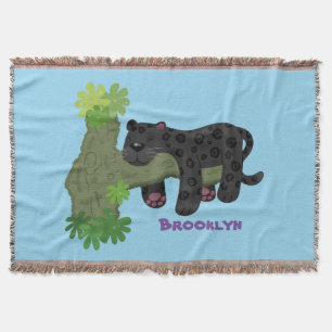 Cute jaguar black panther cat cartoon illustration throw blanket