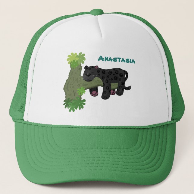 Cute jaguar black panther cat cartoon illustration trucker hat (Front)