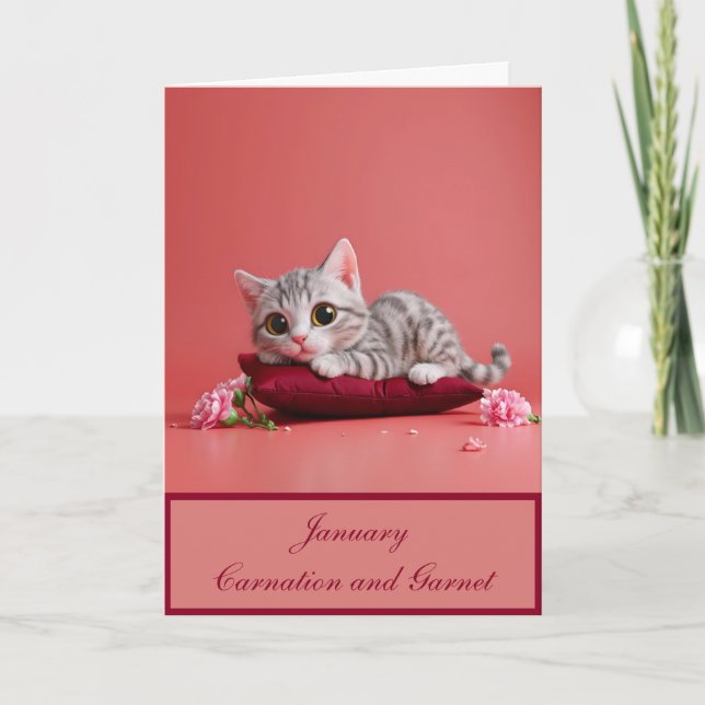 Cute January Cat with Carnations Card (Front)