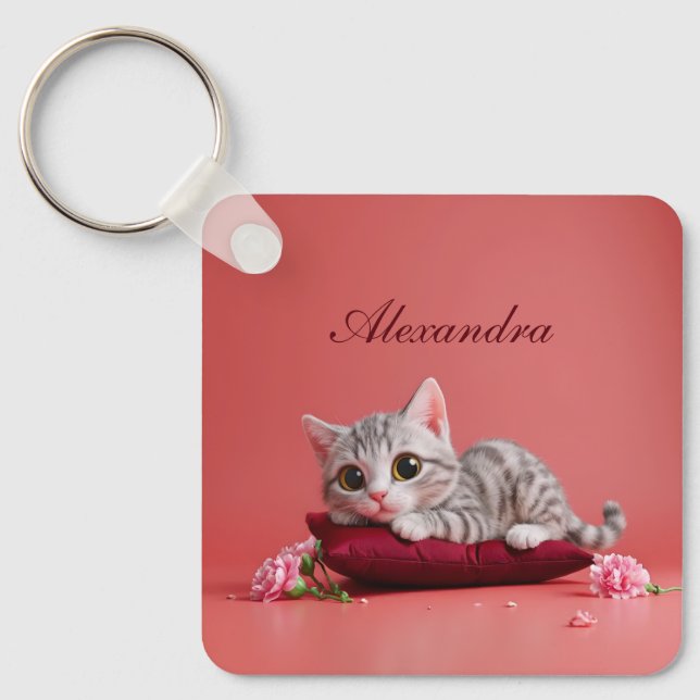 Cute January Cat with Carnations Key Ring (Front)