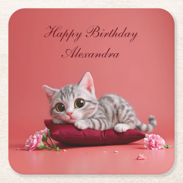 Cute January Cat with Carnations Square Paper Coaster (Front)