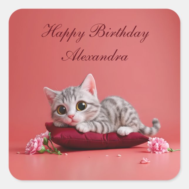 Cute January Cat with Carnations Square Sticker (Front)