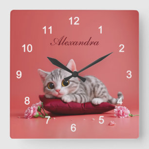 Cute January Cat with Carnations Square Wall Clock
