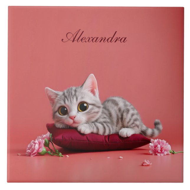 Cute January Cat with Carnations Tile (Front)