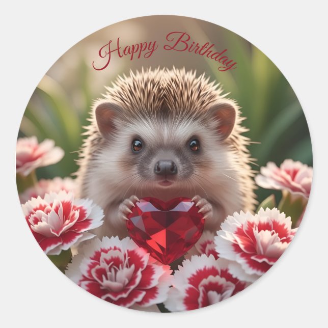 Cute January Hedgehog with Garnet Heart Classic Round Sticker (Front)