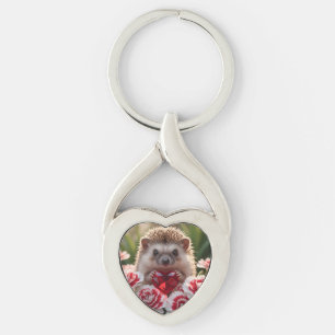 Cute January Hedgehog with Garnet Heart Key Ring