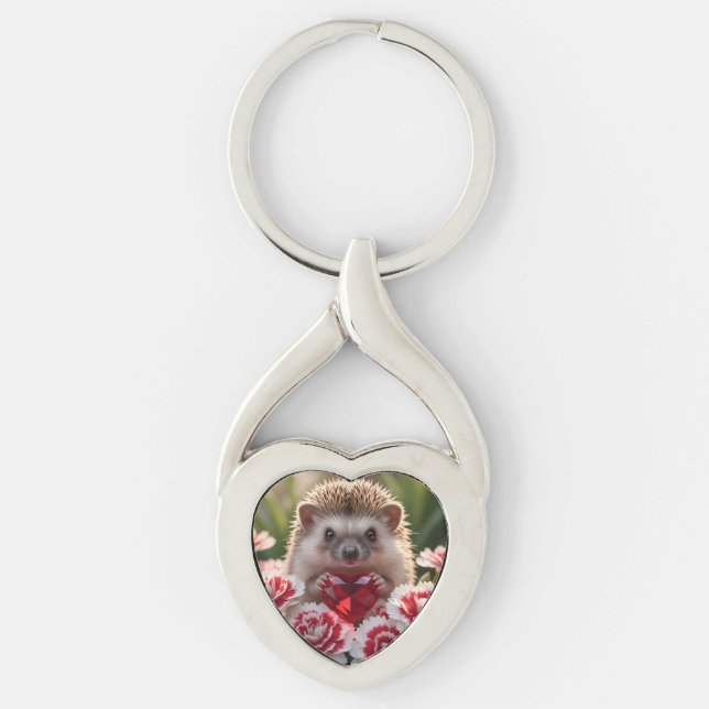 Cute January Hedgehog with Garnet Heart Key Ring (Front)