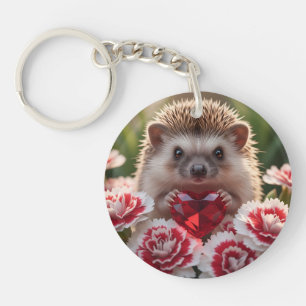 Cute January Hedgehog with Garnet Heart Key Ring