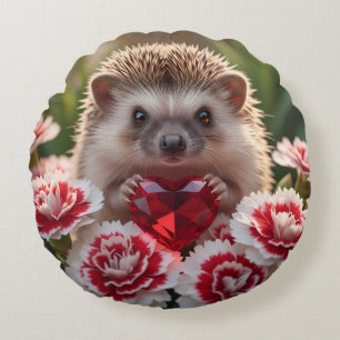 Cute January Hedgehog with Garnet Heart Round Cushion