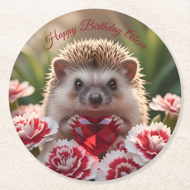 Cute January Hedgehog with Garnet Heart Round Paper Coaster (Front)