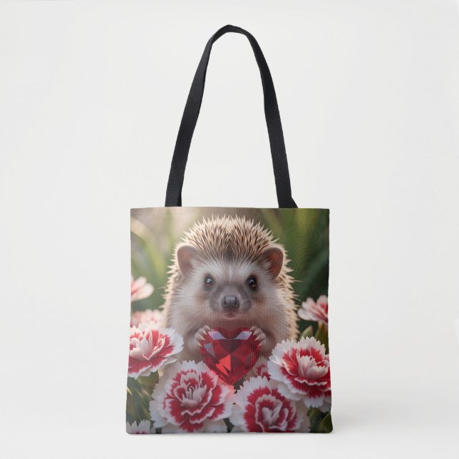 Cute January Hedgehog with Garnet Heart Tote Bag (Front)
