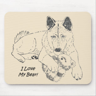 Cute Japanese akita with teddy bear drawing art Mouse Pad