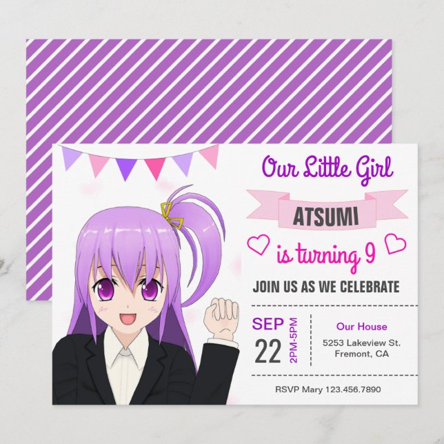 Cute Japanese Anime Girl Birthday Party Invitation (Front/Back)