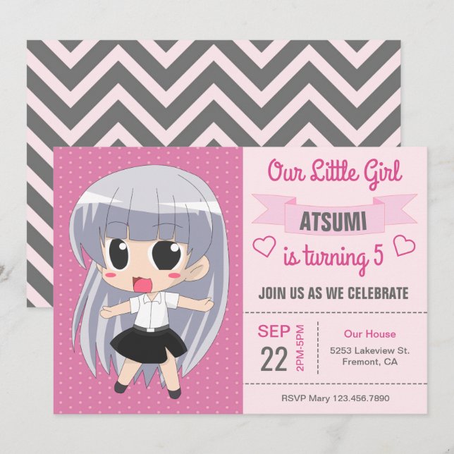 Cute Japanese Anime Girl Birthday Party Invitation (Front/Back)