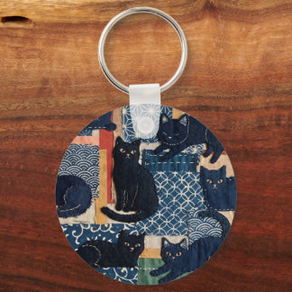 Cute Japanese Black Cats Patchwork Key Ring