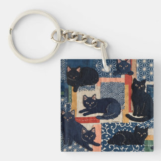 Cute Japanese Black Cats Patchwork Key Ring