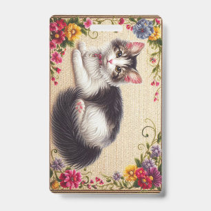 Cute Japanese Bobtail Cat Colourful Flowers Border ID Badge