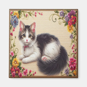 Cute Japanese Bobtail Cat Colourful Flowers Border Magnet
