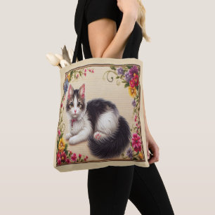 Cute Japanese Bobtail Cat Colourful Flowers Border Tote Bag